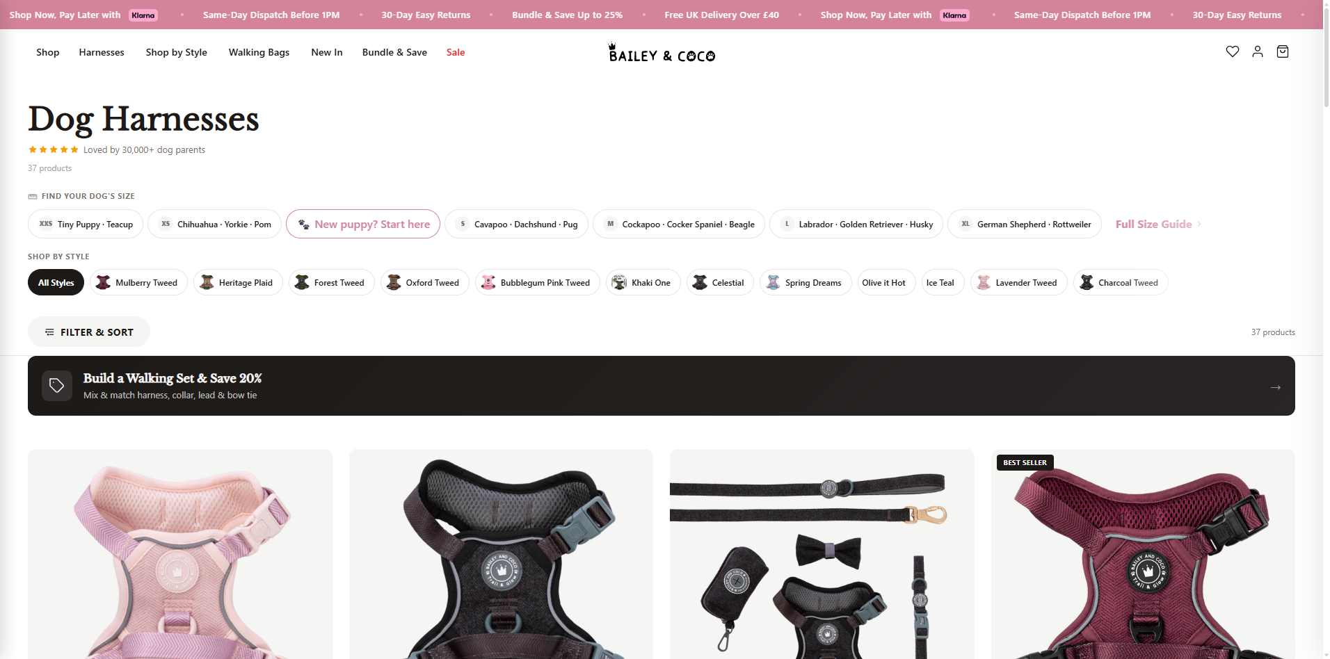 Bailey and Coco collection page with size-first filtering showing harnesses organised by size from XXS to XL