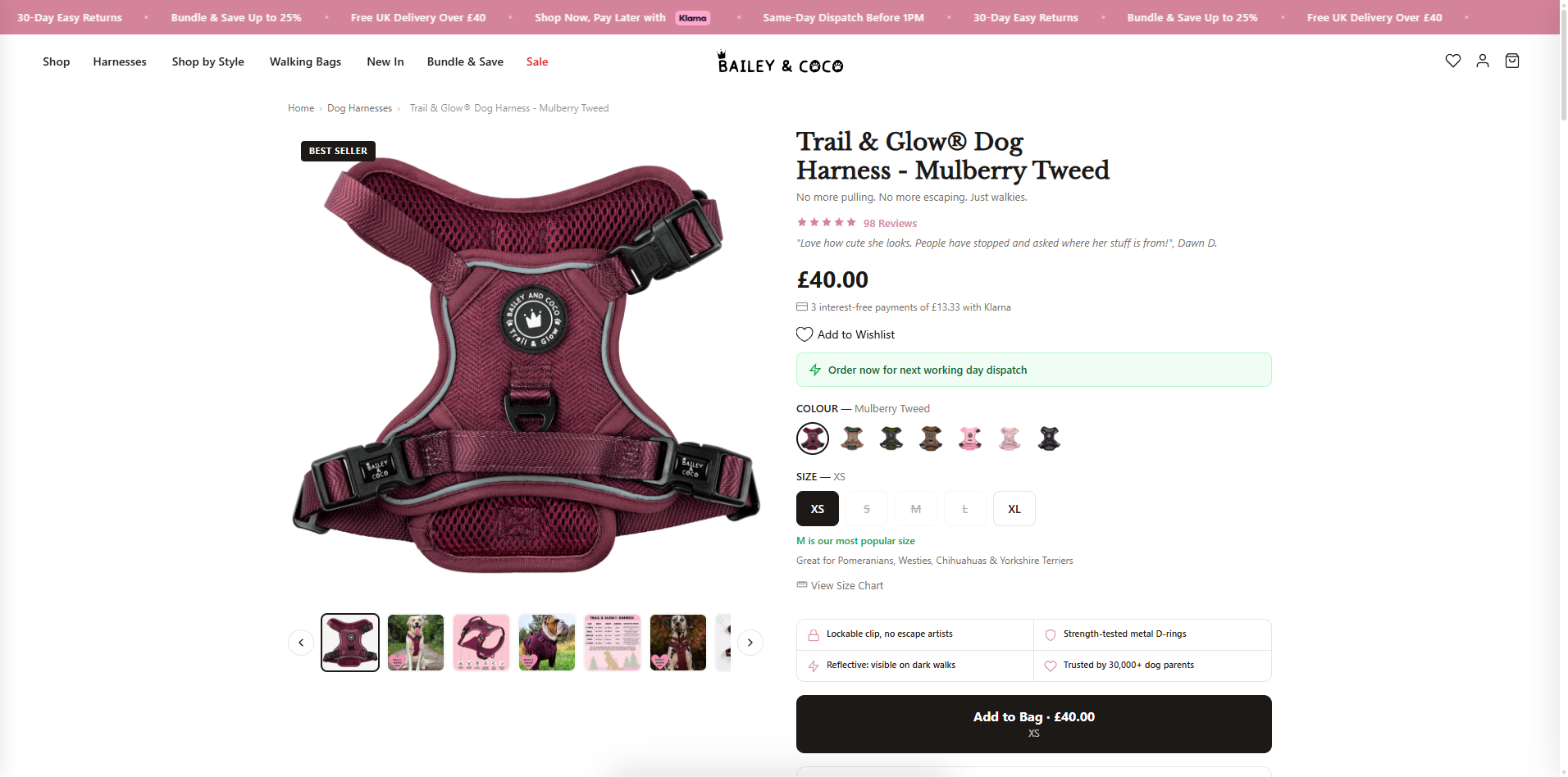 Bailey and Coco product page for the Trail and Glow harness showing reviews, size selector, Klarna messaging, and trust badges